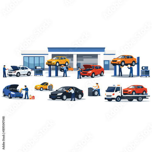 Automotive service center with multiple vehicles and mechanics