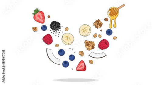 Fresh breakfast ingredients including berries, bananas, granola, coconut, and honey playfully tumbling