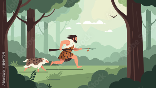 Prehistoric caveman hunting in lush forest with loyal dog companion and wooden spear