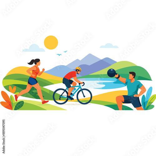 Outdoor fitness activities with runners and cyclists