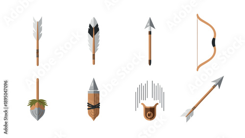 Flat styled ancient arrows and bow collection for archery design projects