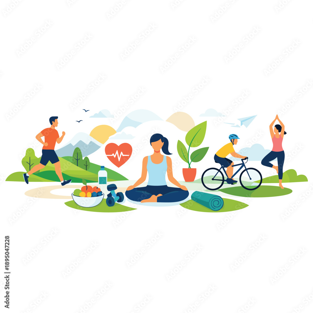 Fototapeta premium Healthy lifestyle illustration with fitness activities