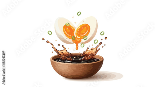 A vibrant culinary illustration showcasing a perfectly halved soft-boiled egg with a glistening runny yolk descending into a rich, dark liquid,
