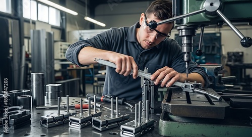 Man Working on Metal Parts in Workshop.