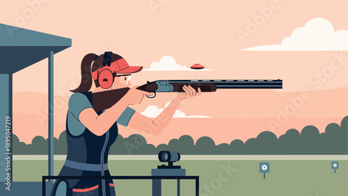 Woman sporting shooter in action at outdoor shooting range