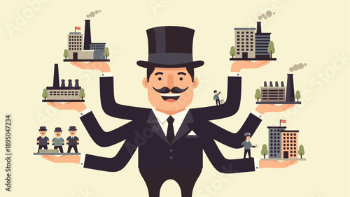 Balance of business: man in suit juggling diverse industries in flat design
