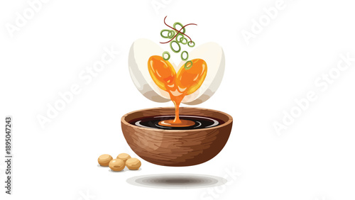 Golden salted egg yolks pouring into soy sauce, garnished with scallions and soybeans, illustrating an Asian flavor pairing