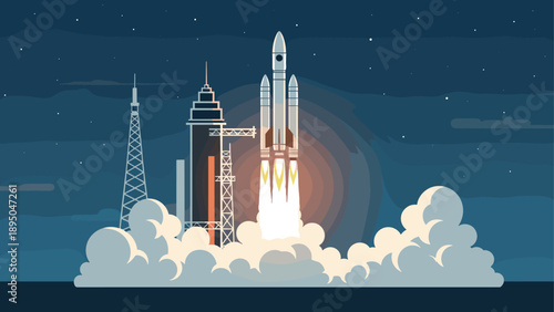 Rocket launch at night: flat style depiction of space exploration and technology