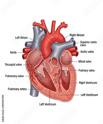 This detailed medical illustration provides clear labels for the human heart's internal anatomy, showcasing the left and right atria, ventricles, aorta, pulmonary artery.