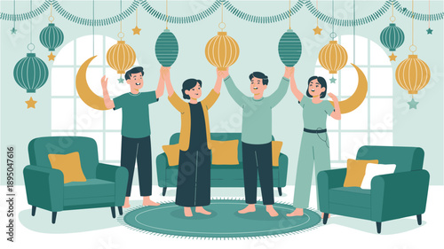 Group of friends celebrating eid al-fitr with lanterns and crescent moons