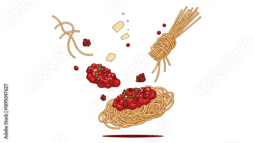 Dynamic culinary composition of golden spaghetti strands gracefully cascading with rich red sauce hearty meatballs savory cheese flakes and fresh