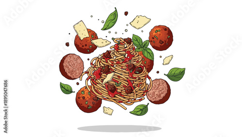 Vibrant illustration of Italian spaghetti, meatballs, basil, and cheese in dynamic motion