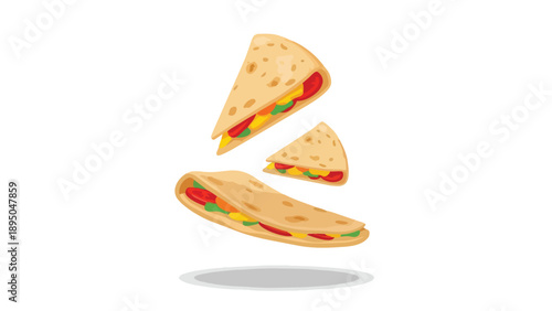 Delicious animated quesadilla illustration showcasing vibrant fillings in a dynamic culinary display perfect for diverse food-related designs and