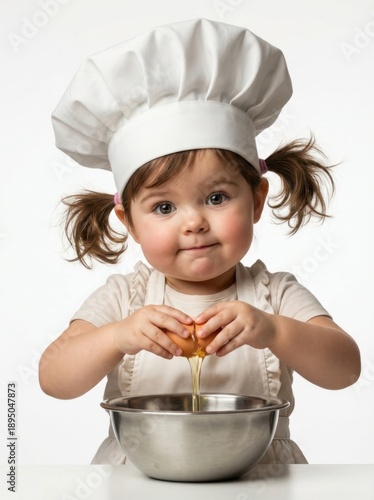 Cute child chef preparing to bake with eggs.