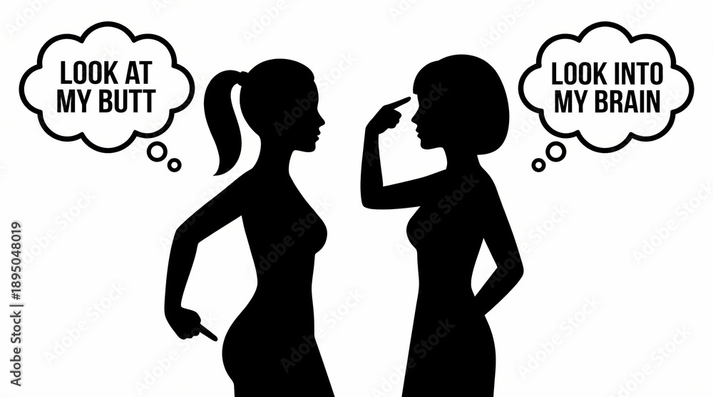 Fototapeta premium Satirical vector illustration of two women contrasting physical attraction with intellectual value and brain power.