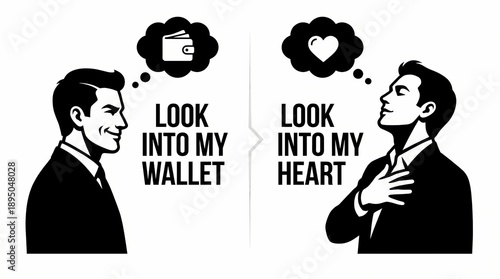 Vector comparison between a materialistic man focused on wealth and a sincere man focused on love and emotional connection.