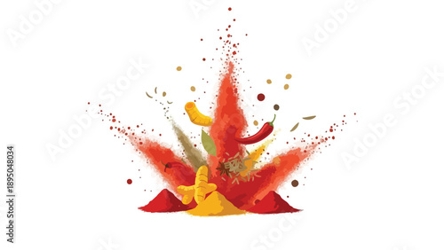 Vibrant spice explosion with an array of aromatic ingredients scattering dynamically for a culinary theme