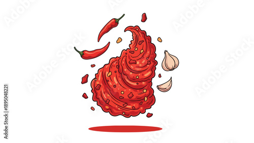 Illustrative depiction of a vibrant red chili garlic blend, showcasing fresh peppers and cloves orbiting a fiery, textural sauce, perfect for