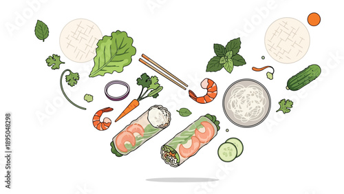 Fresh and healthy Vietnamese spring roll ingredients artfully arranged for culinary inspiration
