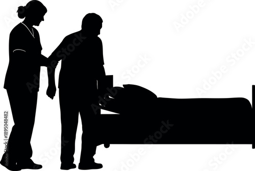 Nurse or Caregiver Assisting Elderly Patient Near Hospital Bed Silhouette; Geriatric Care and Physical Therapy Vector Illustration.