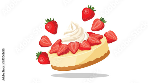 Delightful cream cheese dessert with abundant fresh sliced and whole strawberries floating around, a perfect illustration for sweet cravings and
