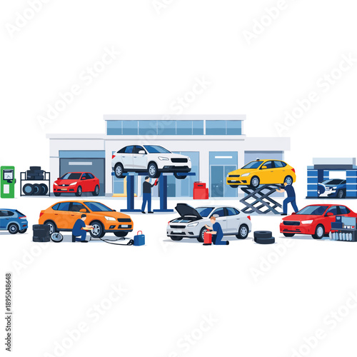 Automotive service center with multiple vehicles