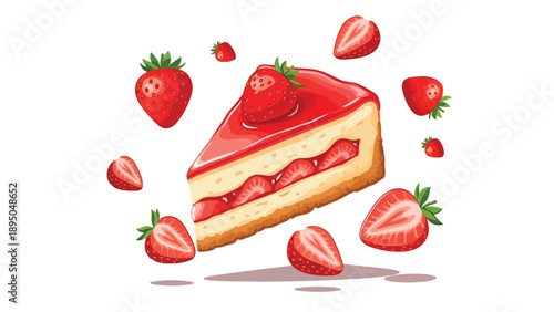 Delectable strawberry cheesecake slice featuring luscious glaze and a scattering of fresh berries