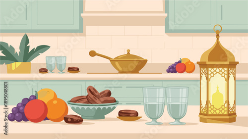 Still life of dates fruit water glasses and decorative lantern on kitchen counter