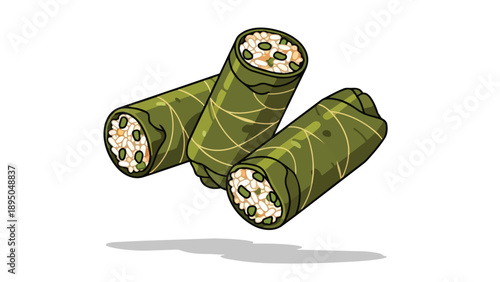 A delightful vector illustration featuring three perfectly prepared green leaf-wrapped rolls, filled with savory rice and various herbs, showcased