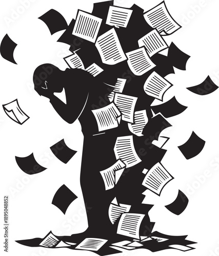 Stressed person silhouette overwhelmed by flying paper documents and paperwork vector