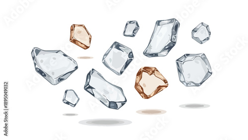 Dynamic assemblage of shimmering translucent and amber-hued crystalline fragments suspended gracefully above a pristine backdrop