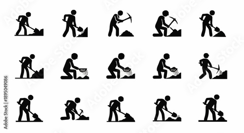 Worker Digging Soil With Shovel And Pickaxe Icons.