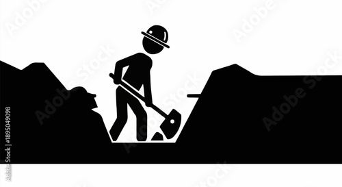 Worker Digging Trench with Shovel Icon.