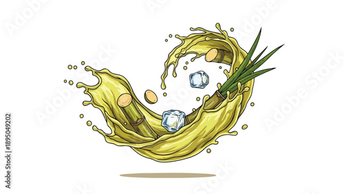 A vibrant dynamic splash of fresh sugarcane juice with natural stalks, green leaves, and refreshing ice cubes, creating a sweet and invigorating