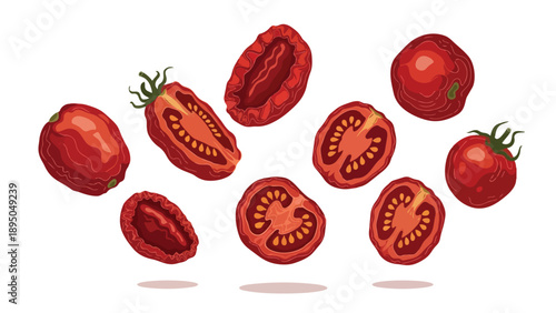 Vibrant red tomatoes, both fresh and sun-dried, presented whole and sliced for culinary themes