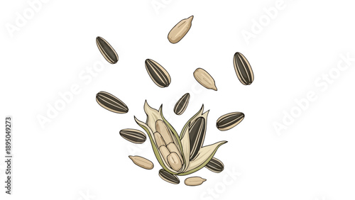 An artistic illustration featuring a dynamic scattering of organic sunflower seeds, both still within their striped shells and gracefully peeled,