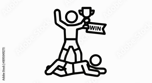 Winner Holding Trophy Over Fallen Opponent With Win Flag.