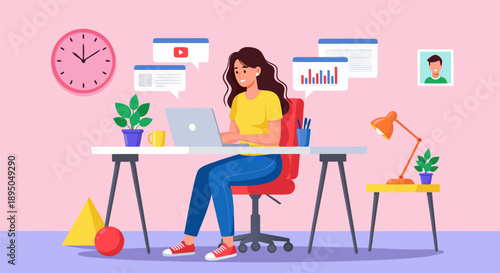 Modern woman working from home, vector illustration of a creative workspace with digital devices and plants