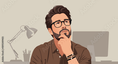 Creative thinking vector illustration of a thoughtful man in eyeglasses with hand on chin contemplating ideas at his desk