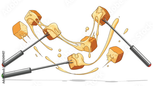 Dynamic illustration of cheesy fondue bread cubes stretching from forks capturing gooey deliciousness a delightful culinary artwork perfect for