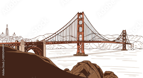 Golden Gate Bridge vector illustration - Iconic San Francisco landmark with a city skyline in the background, a beautiful travel destination