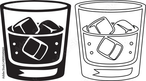 Minimalist black and white vector illustration of a whiskey tumbler glass with ice cubes, cold drink icon set in outline style, clean bar beverage symbol for menu, branding, packaging, and UI design u