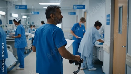 A doctor in india stands in a hospital corridor with medical staff around him