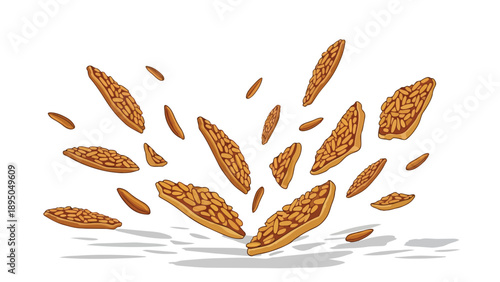 Vibrant vector illustration showcasing fresh tempeh pieces and soybeans dynamically scattered, representing healthy plant-based nutrition and