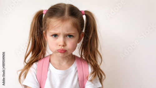 Upset little girl with pigtails and pink backpack pouting and frowning while standing against white background in bright light