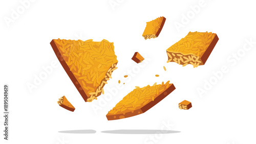 Dynamic illustration of crunchy cereal bar pieces floating in a vibrant explosion of wholesome grains and sweet treats