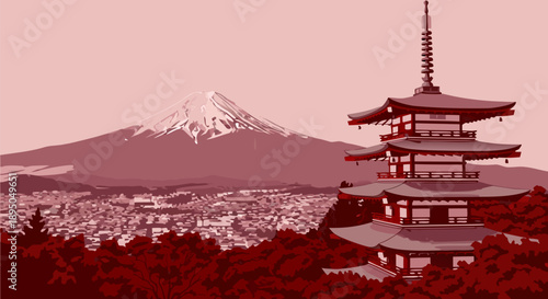 Iconic Mount Fuji and Pagoda Landmark in Japan, Vector Illustration for Travel and Culture