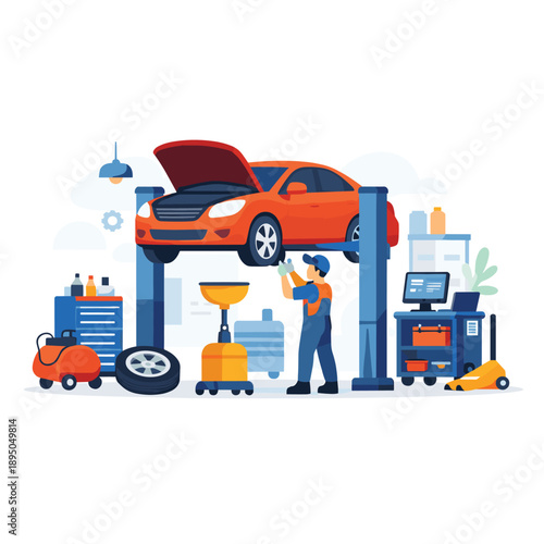 Car maintenance in an auto repair shop with tools and equipment