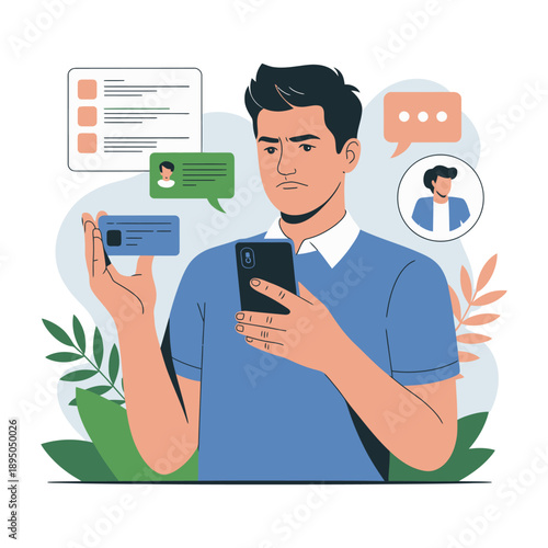 Man holding phone and credit card with concerned expression and chat bubbles nearby illustration