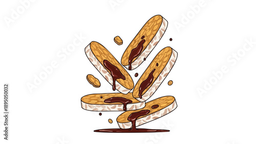 Whimsical tempeh slices delightfully drizzled with rich chocolate sauce in an artistic food illustration